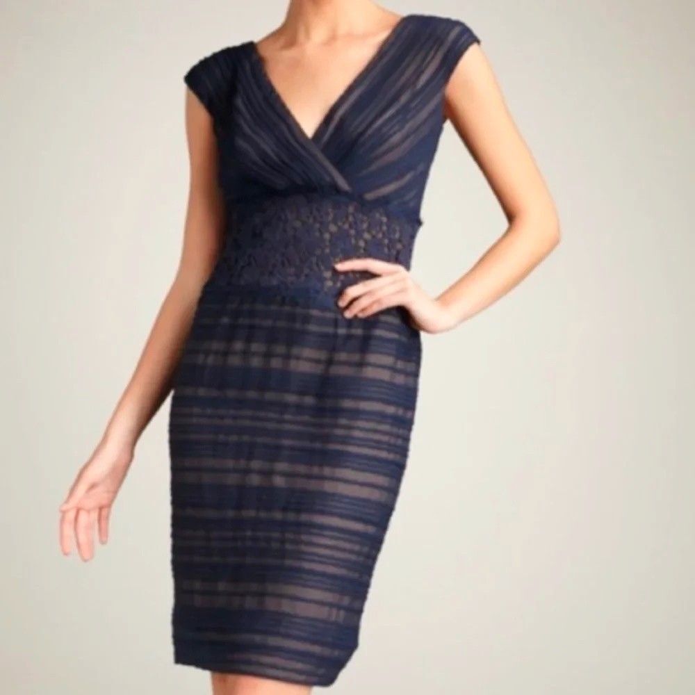 Tadashi Shoji Navy Blue Sleeveless Sheath Dress Crochet Lace Waist Women Size 14